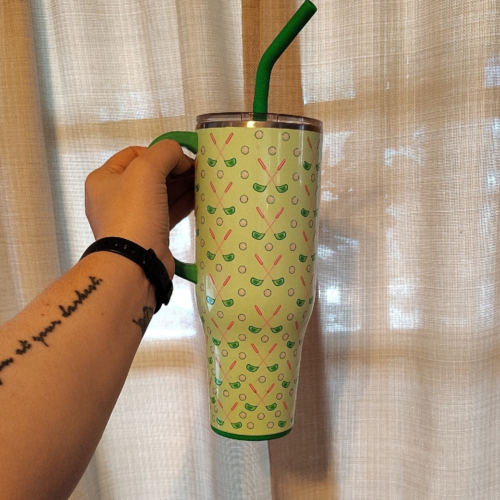 Green Patterned Tumbler with Straw